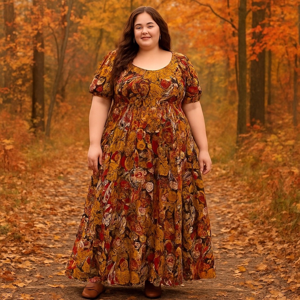 Ashley Stewart Dark Floral Print Maxi Dress Tiered Earth Tone Fairy Boho Peasant